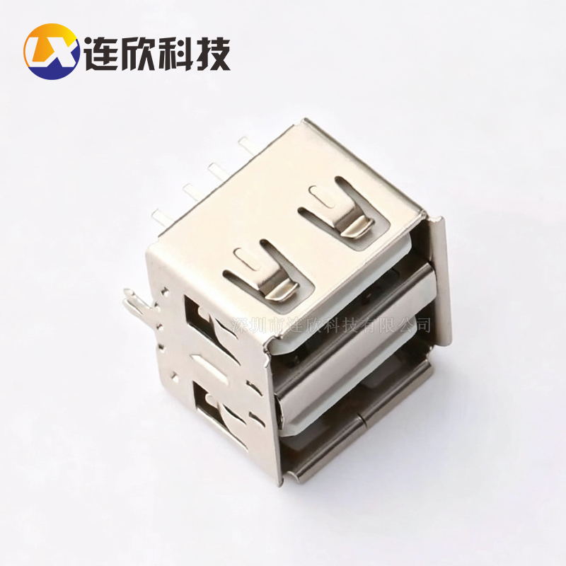 双层 USB 2.0AF 180度直插短体10.5长带鱼叉脚 XUDF-0208-1051