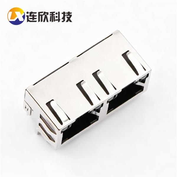 网口插座RJ45 1*2并排卧式插板式 L=15.7MM 带灯带弹  XDRJ-5603-0157