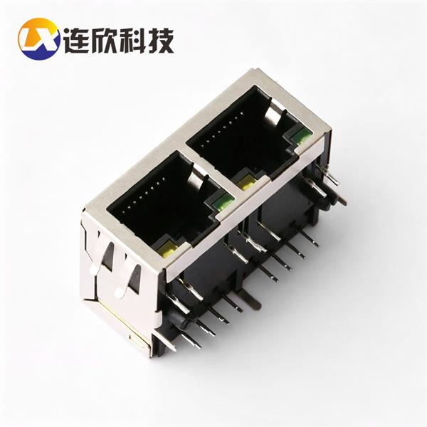 RJ45 90度插板式 1X2并排+灯+弹片 L=21.3MM  XDRJ-5903-0236