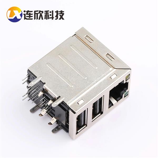双层USB2.0AF+RJ45 卧式插板+灯无弹片  XDRJ-0656-A01